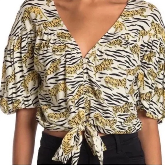 Topshop tiger puff sleeve button front tie waist blouse women’s size 8 - Picture 1 of 4